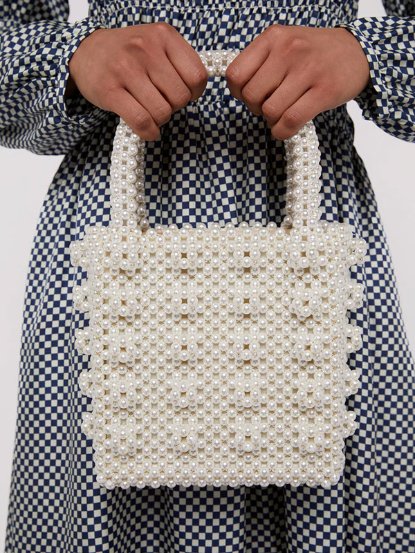 Square-pattern faux pearl bag