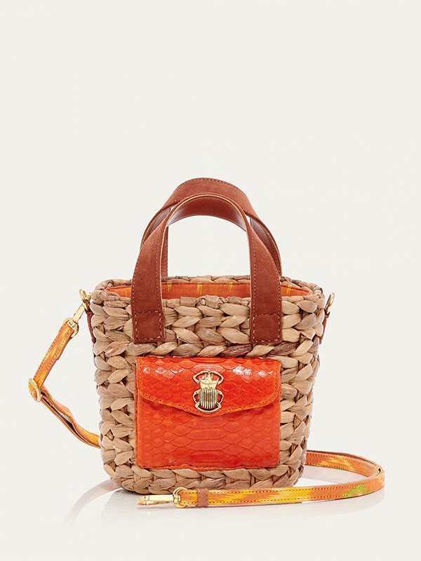 Wicker and hyacinth leaf bag with python leather