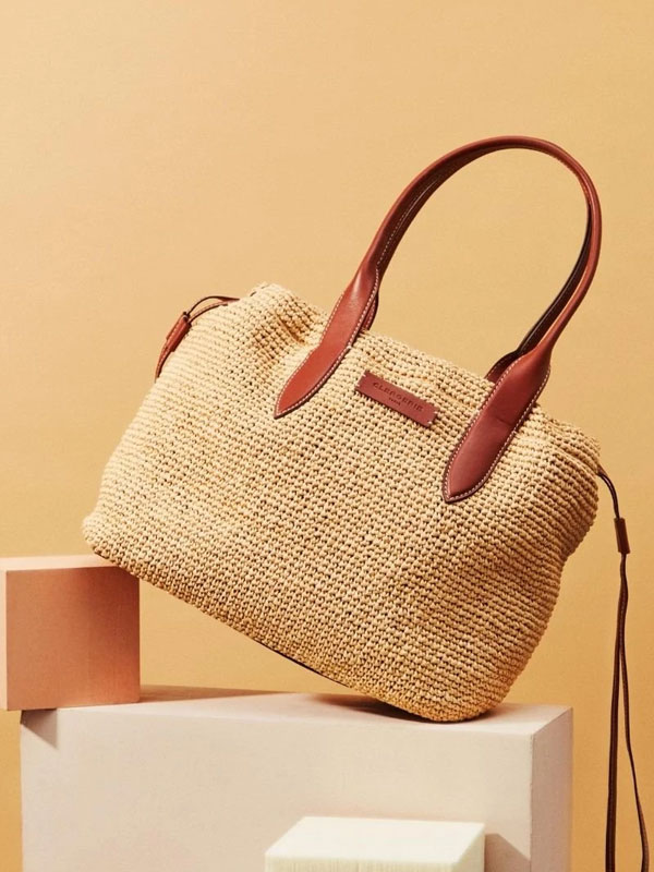 Raffia tote with leather drawstrings