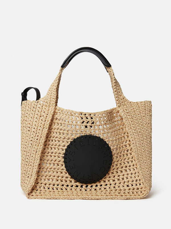 Raffia crossbody with black leather accents