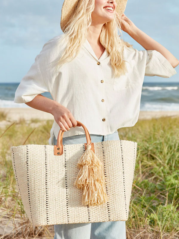 Pinstriped sisal and seagrass tote